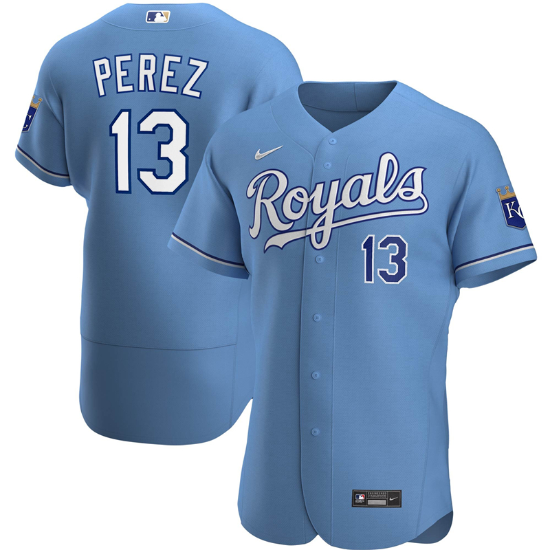 2020 MLB Men Kansas City Royals 13 Salvador Perez Nike Light Blue Alternate 2020 Authentic Player Jersey 1